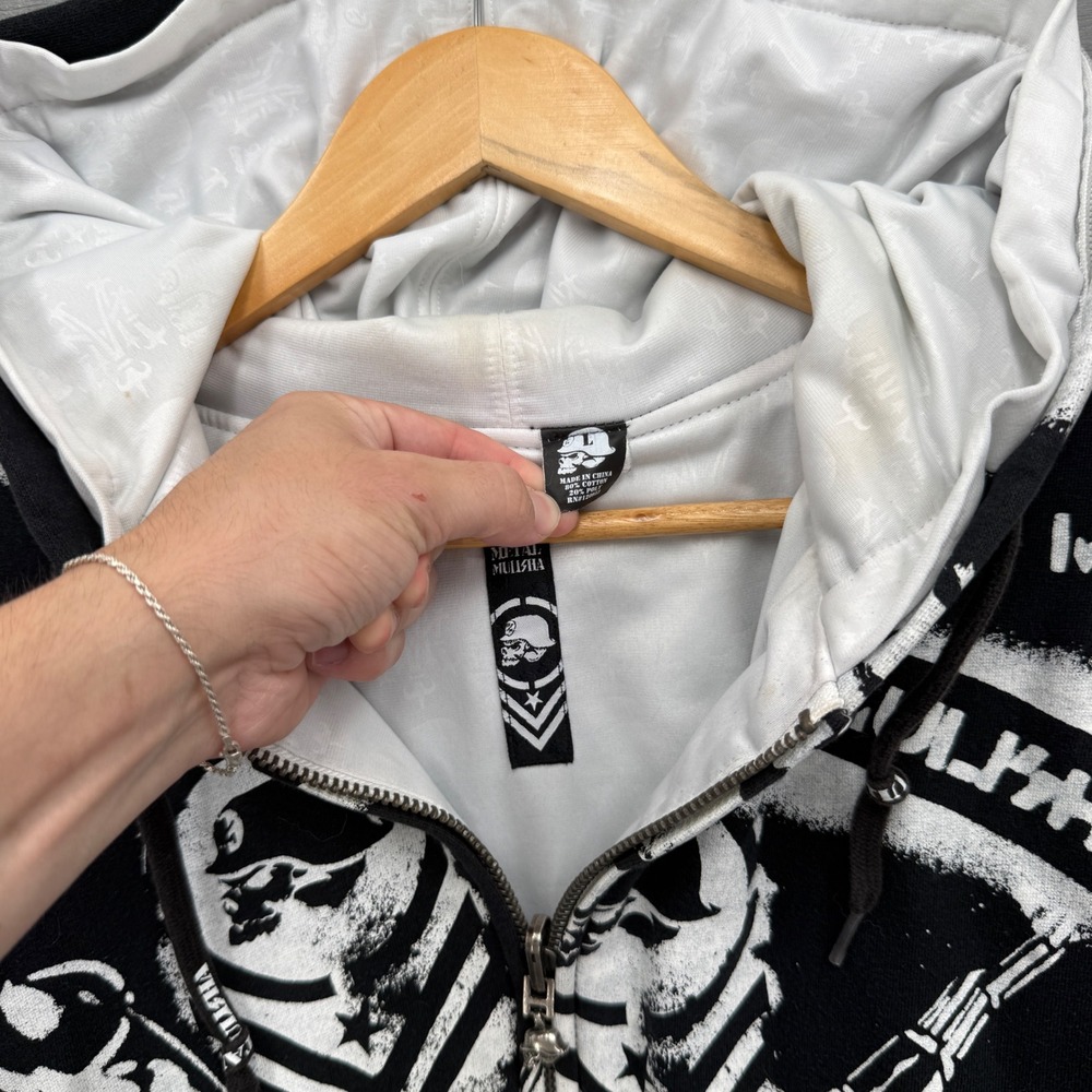 Y2K Metal Mulisha Zip Up Hoodie Black White AOP Skulls Jesse Pinkman Large - Picture 4 of 7